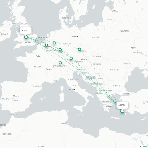 Mapa de vuelo directo Kos - Birmingham