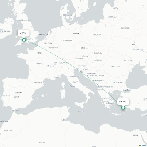 Mapa de vuelo directo Kos - Brístol