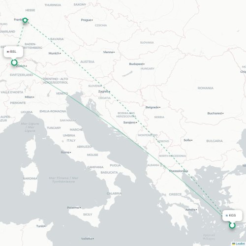 Mapa de vuelo directo Kos - Basilea, Suiza