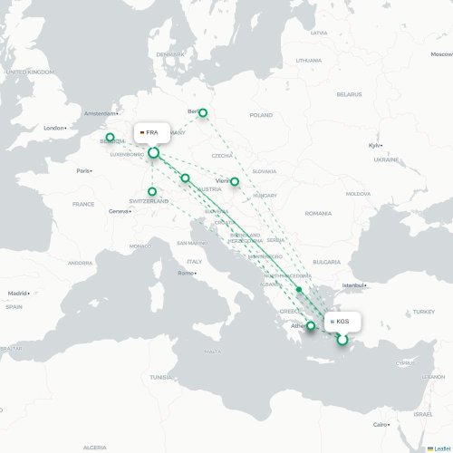 Mapa de vuelo directo Kos - Fráncfort