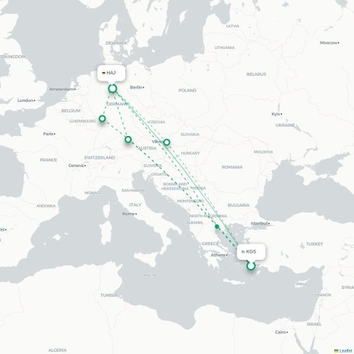 Mapa de vuelo directo Kos - Hannover