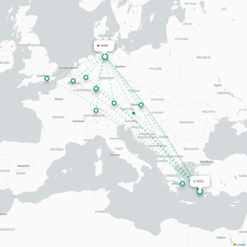 Mapa de vuelo directo Kos - Hamburgo