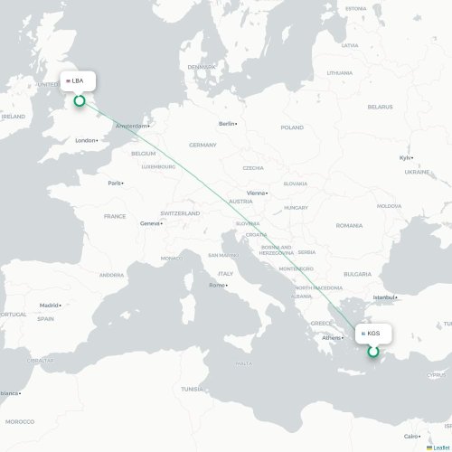 Mapa de vuelo directo Kos - Leeds, Condado de Yorkshire del Oeste