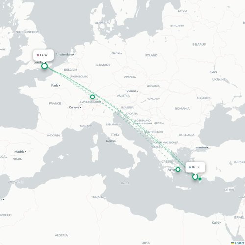Mapa de vuelo directo Kos - Londres