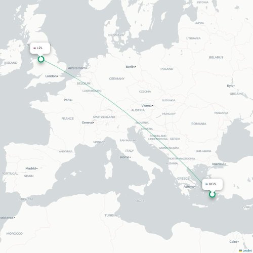 Mapa de vuelo directo Kos - Liverpool