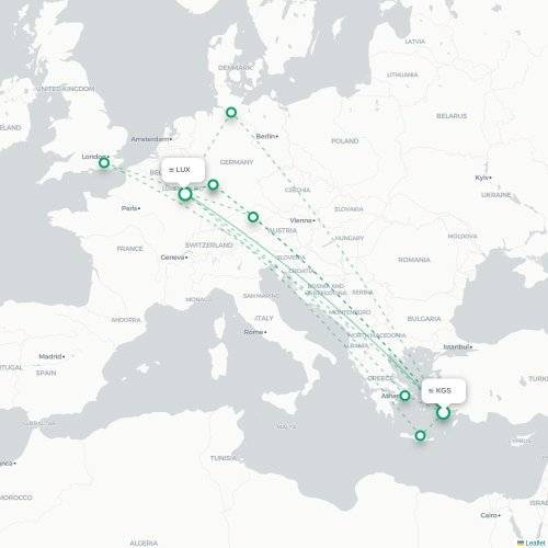 Mapa lotu bezpośredniego Miasto Kos – Luksemburg