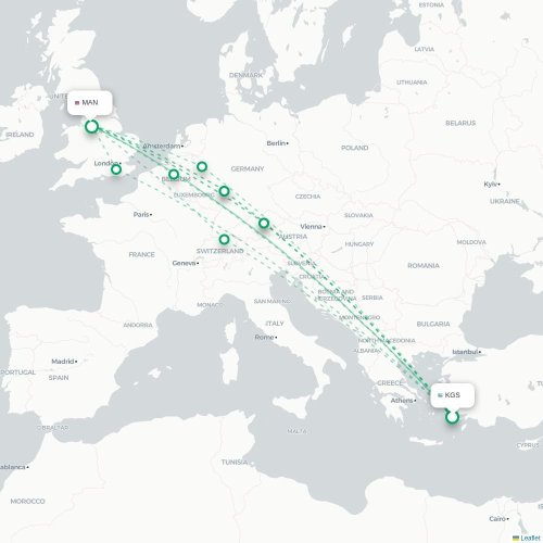 Mapa de vuelo directo Kos - Mánchester