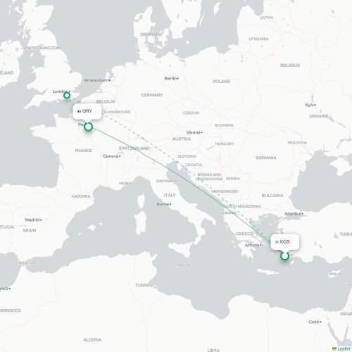 Mapa de vuelo directo Kos - París