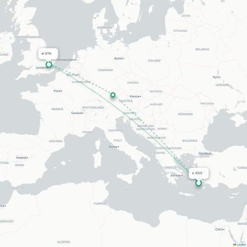Mapa de vuelo directo Kos - Londres