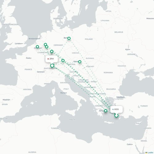 Mapa de vuelo directo Kos - Zúrich