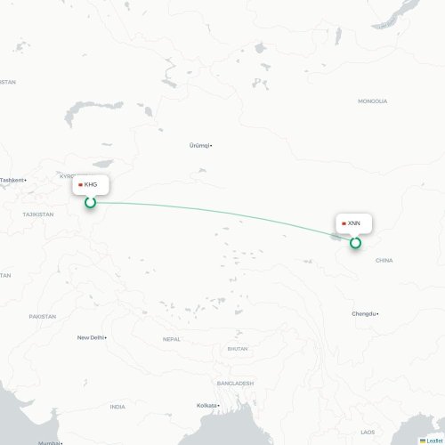 Mapa lotu bezpośredniego Kaszgar – Xining