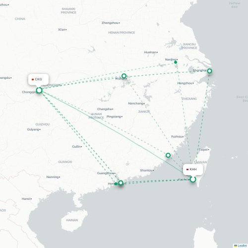 Kaohsiung - Chongqing karta över direktflyg