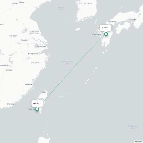 Mapa lotu bezpośredniego Kaohsiung – Kumamoto