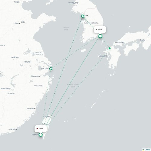 Mapa lotu bezpośredniego Kaohsiung – Pusan