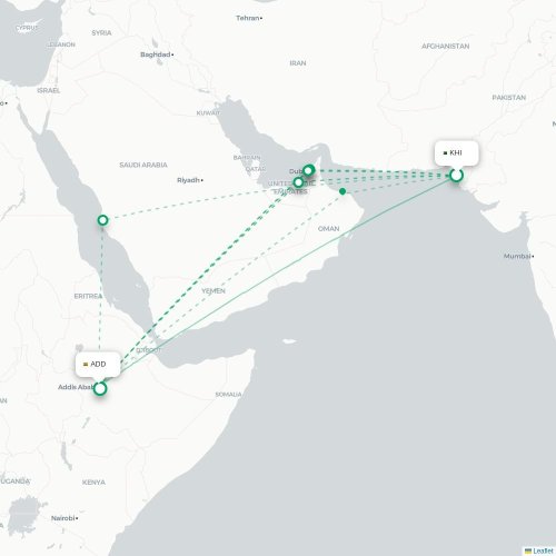 Mapa de vuelo directo Karachi - Addis Abeba