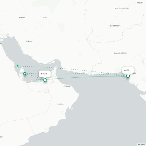 Mapa de vuelo directo Karachi - Abu Dabi