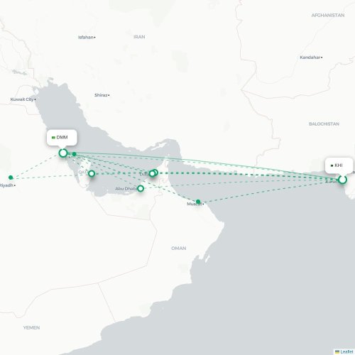 Mapa de vuelo directo Karachi - Dammam