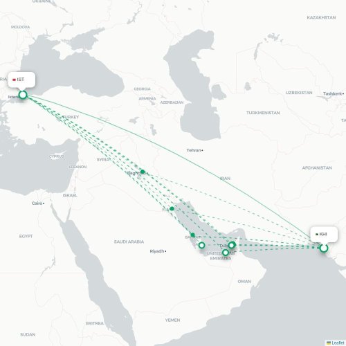 Mapa de vuelo directo Karachi - Estambul