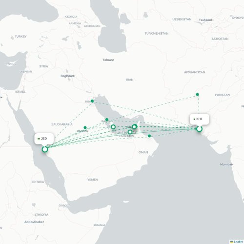 Mapa de vuelo directo Karachi - Jedda