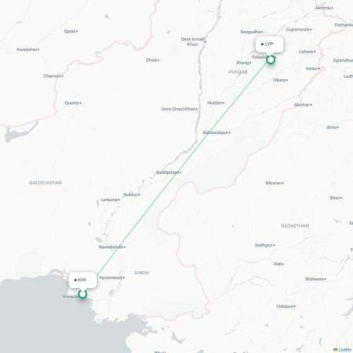 Mapa de vuelo directo Karachi - Faisalābād