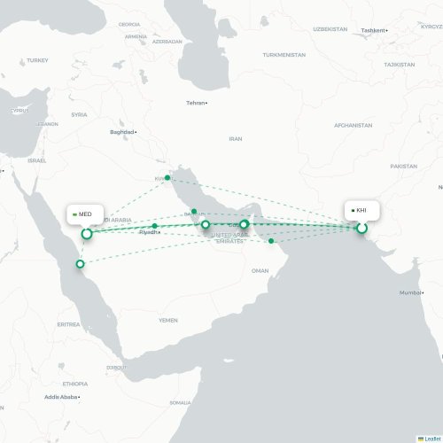 Mapa de vuelo directo Karachi - Medina