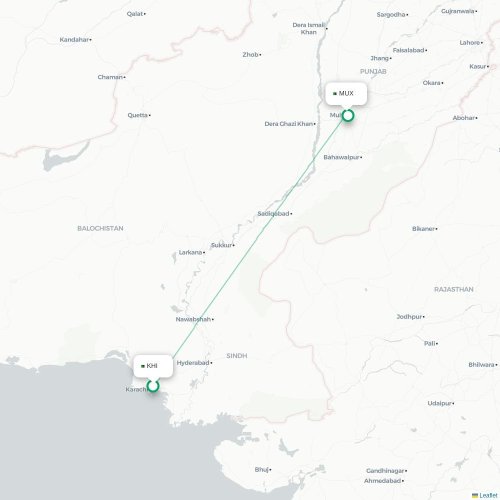 Mapa de vuelo directo Karachi - Multan