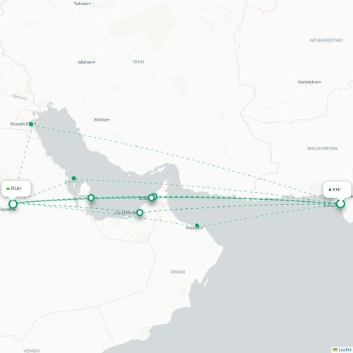 Mapa de vuelo directo Karachi - Riad