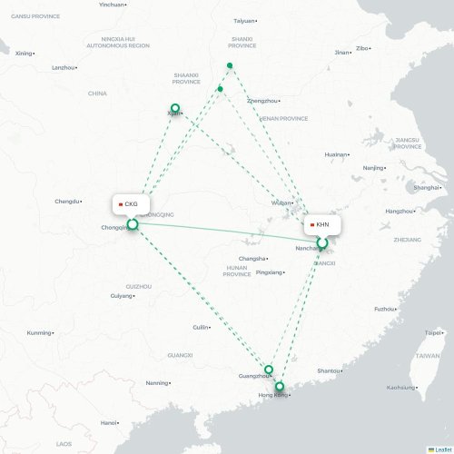 Mapa lotu bezpośredniego Nanchang – Chongqing