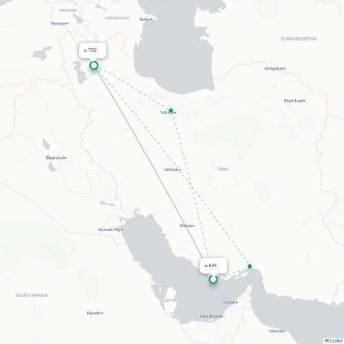 Mapa lotu bezpośredniego Kīsh – Tabriz