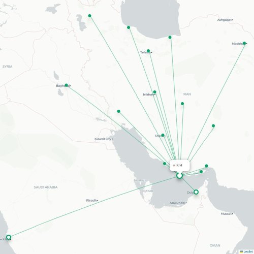 Mapa lotu bezpośredniego Kīsh – Sziraz