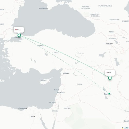 Mapa de vuelo directo Kirkuk - Estambul