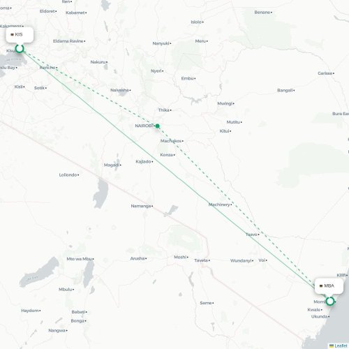 Mapa de vuelo directo Kisumu - Mombasa