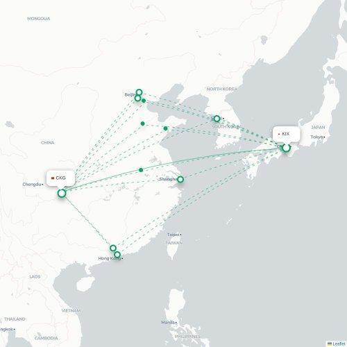 Mapa lotu bezpośredniego Osaka – Chongqing