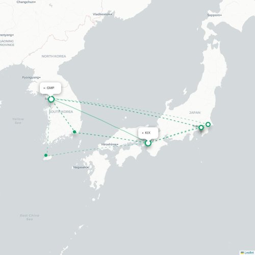 Mapa lotu bezpośredniego Osaka – Seul