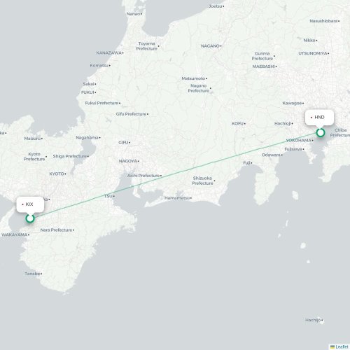 Mapa lotu bezpośredniego Osaka – Tokio