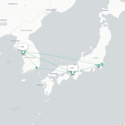 Mapa lotu bezpośredniego Osaka – Inczhon