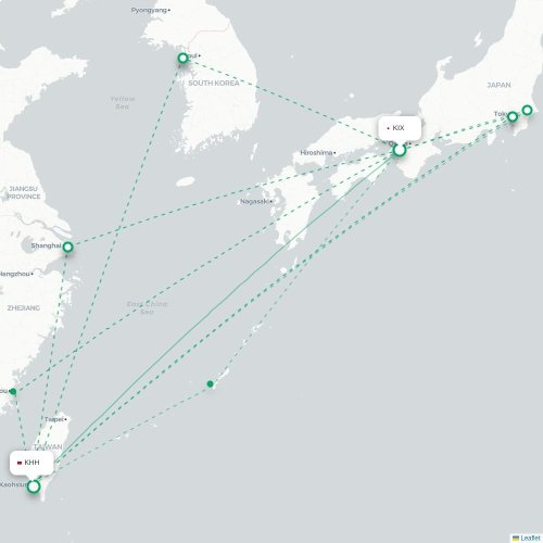 Mapa lotu bezpośredniego Osaka – Kaohsiung