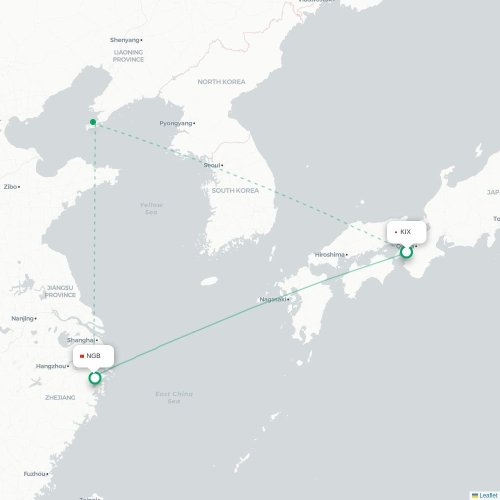 Mapa lotu bezpośredniego Osaka – Ningbo
