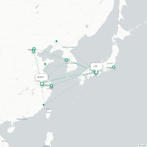 Mapa lotu bezpośredniego Osaka – Nankin