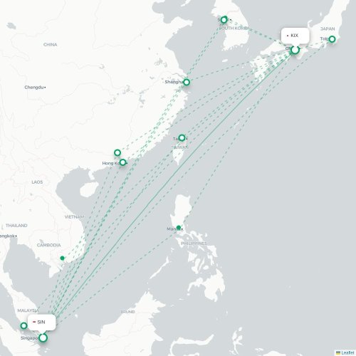 Mapa lotu bezpośredniego Osaka – Singapur