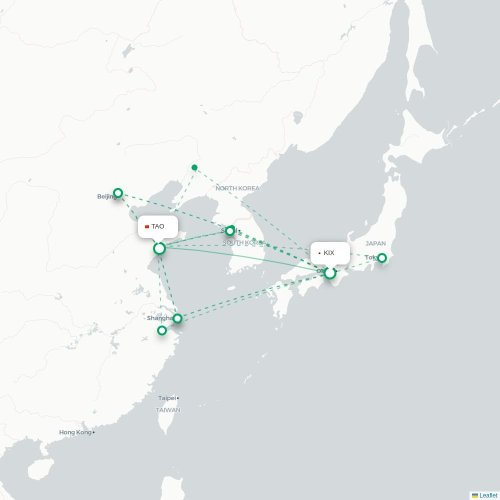 Mapa lotu bezpośredniego Osaka – Qingdao