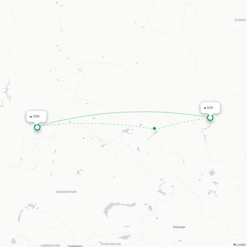 Mapa de vuelo directo Krasnoyarsk - Cheliábinsk