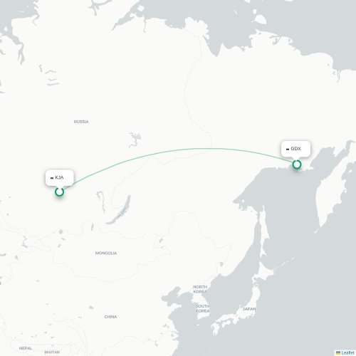 Mapa de vuelo directo Krasnoyarsk - Magadán