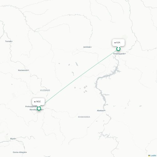 Krasnoyarsk – Novokuznetsk suoran lennon kartta