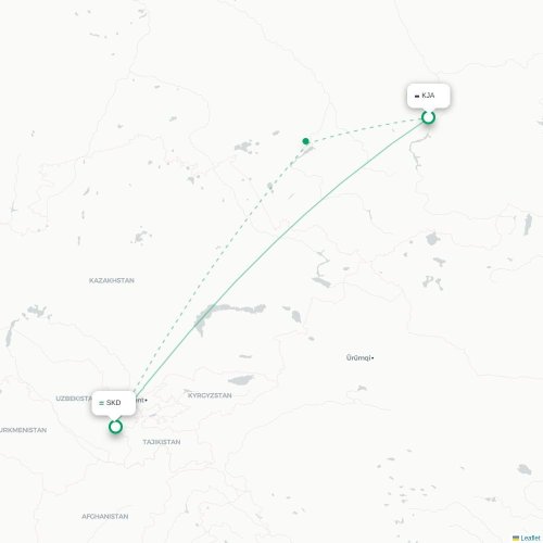 Mapa de vuelo directo Krasnoyarsk - Samarkanda