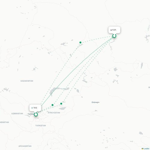 Mapa de vuelo directo Krasnoyarsk - Taskent
