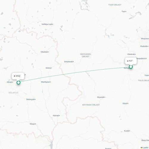 Mapa de vuelo directo Kaluga - Minsk