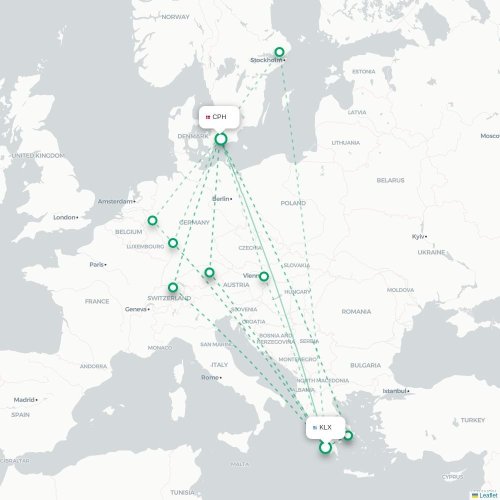 Kalamata - København kort over direkte fly
