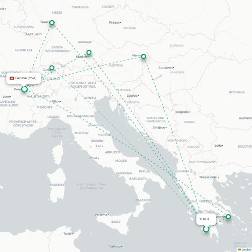Mapa de vuelo directo Kalamata - Ginebra