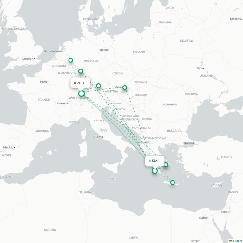 Mapa de vuelo directo Kalamata - Zúrich